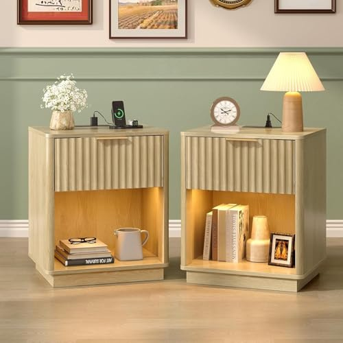 LEADZM Nachttisch 2er Set mit Ladestation, Nachttische 48x38x57cm Eiche | offenem Fach und 1 Schublade, Beistelltisch für Schlafzimmer, Europäischer Stecker,