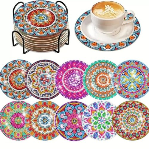 Mandala Diamond Painting Coasters Set with Metal Stand, Colorful Mosaic Pattern, 4 Inch Round, 10 Pack Drink Coasters for Hot and Cold Beverages