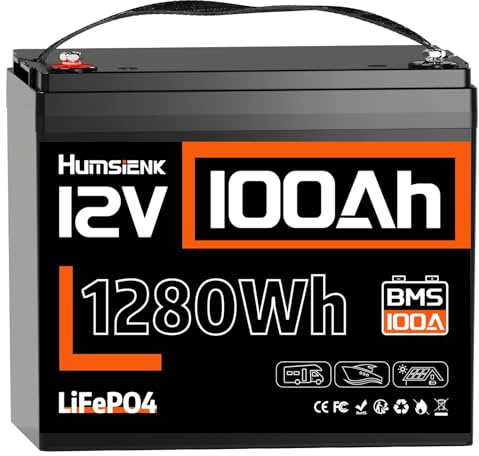 HumsiENK Batterie Lithium LiFePO4 12V 100Ah, 1280Wh avec BMS Intelligent 100A, 15000 Cycles Profonds, 10 Ans de Durée de Vie, pour Camping-Car, Énergie Solaire, Hors Réseau, Moteur