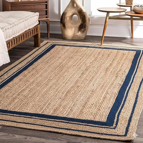 DECORAM WORLD Alfombra de yute natural tejida a mano de 3 x 6 pies con borde azul marino, alfombra moderna y duradera para sala de estar, dormitorio y entrada