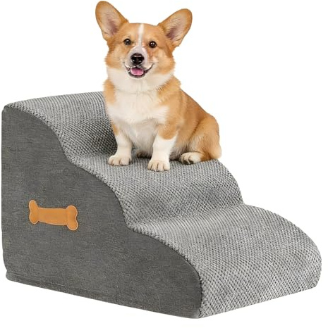 Hundetreppe 3 Stufen für kleine Hunde und Katzen 40x55x35cm Grau Dichter Schaumstoff Abnehmbare und Waschbare Abdeckung Ideal für Bett und Sofa Haustier Stufen Treppe