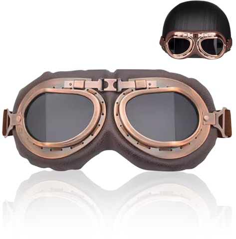 FOSDICK Gafas Moto Vintage, Gafas para Moto Retro, A Prueba de Viento Arena Polvo Gafas Motocross Media Casco para Hombres Mujeres Piloto para Deportes al Aire Libre Racer ATV (Marrón + Lentes Gris)