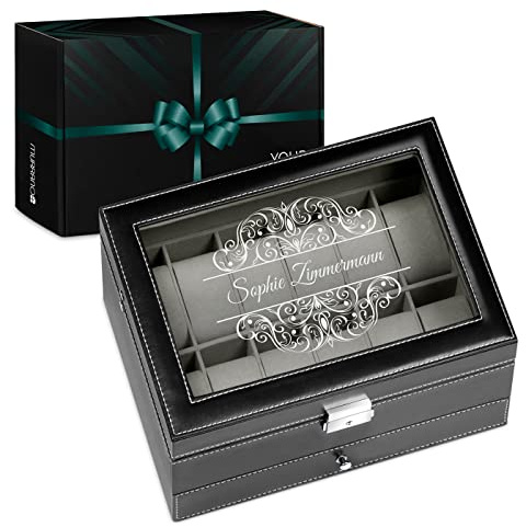 Maverton Uhrenbox mit Gravur für 12 Uhren & Schmuck - 30x20x13cm - Uhrenkasten aus Kunstleder - Schwarz - Geschenk für Damen - Motiv