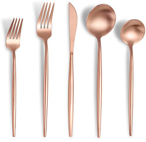 Lemeya Matte Rose Gold Silverware Set for 4,Modern Stainless Steel Brushed Cutlery Set,20-Pieces Heavy Duty Flatware Set,Knives Spoons and Forks Set Utensils Set, Satin Finish, Dishwasher Safe