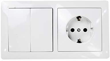 Interruptor doble con base schuko color blanco 10AX,16A,250V. (DOBLE INTERRUPTOR+1ENCHUFE)