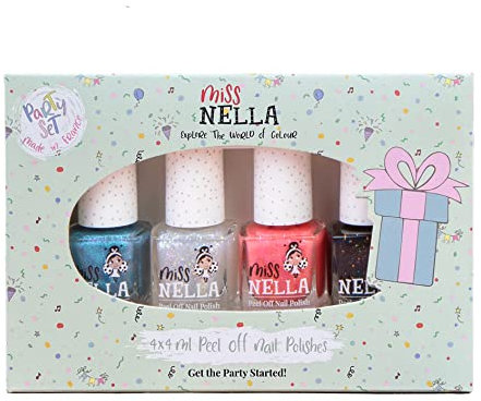 Miss Nella Partysammlung Glitzer Nagellack 4er Set: schwarz, top coat, blau & Korallen, abziehbarer Nagellack speziell für Kinder, Peel-Off-Formel, ungiftig, wasserbasiert und geruchsneutral