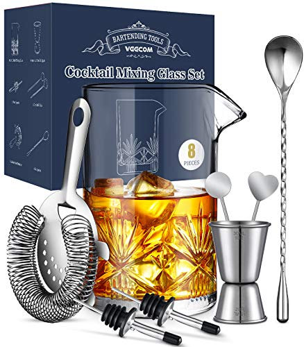 Cocktail Mixing Glass, veecom 8 Piece Old Fashioned Cocktail Kit, 550ml Mixing Glass Mixer Cocktail Set for Martini, Mojito, Cocktail Shaker Set with Strainer, Jigger (8 Pieces)