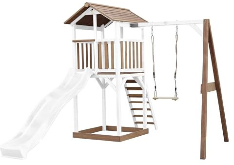 AXI Beach Tower Aire de Jeux avec Toboggan en Blanc, Balançoire & Bac à Sable | Grande Maison Enfant extérieur en Marron & Blanc | Cabane de Jeu en Bois FSC