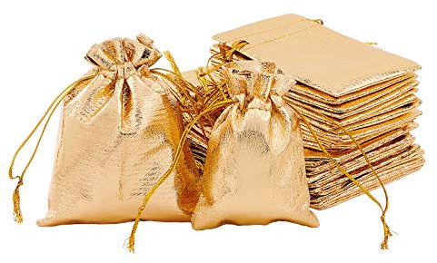 PandaHall 60pcs Sacs Cadeaux Dorés, 12x9cm / 7x9cm Pochettes d'emballage Cadeau Sac Rectangulaire en Organza Sac de Rangement à Cordon pour Bijoux Bonbons Mariage Fête des Mères, Noël