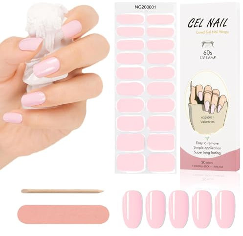 Kalolary Gel Semicurado de Pegatinas, 20Pcs Esmalte de Uñas Envoltura Pegatina Calcomanías Autoadhesivas con Lima para Arte DIY (Requiere Lámpara UV/LED) (Rosa Claro)