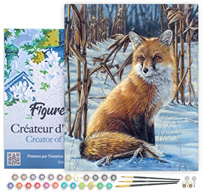 Figured'Art Peinture par Numéro Adulte avec Cadre Renard dans la neige - Activité Manuelle Kit de Loisir Créatif DIY Numéro d'Art Complet - 40x50cm toile tendue sur châssis