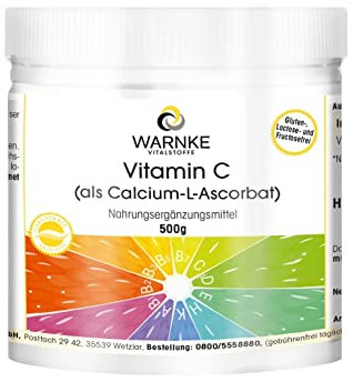 Vitamin C Pulver als Ascorbat - 500g - mit 1210mg Vitamin C pro Tagesdosis - Calcium-L-Ascorbat - HOCHDOSIERT - Deutsche Apothekenqualität - vegan | Warnke Vitalstoffe