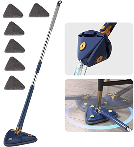 360° Drehbarer Verstellbarer Reinigungsmopp, Dreiecks-Teleskop Wischmopp mit automatischer Wasserquetschfunktion für Bodenreinigung, Wandreinigung (1 Blau Mopp+6 Lappen)