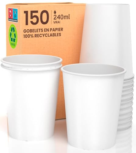 150 Gobelets en Carton Jetable, Blanc, 240 ml - 8 OZ, Jetables Gobelet pour Café - Expresso - Boissons chaudes et froides - Eau
