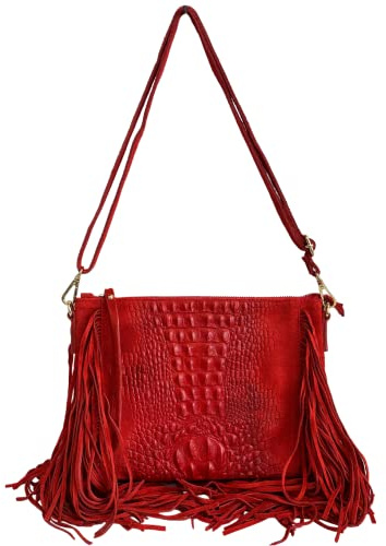 Modarno Sac à bandoulière pour femme avec franges, en daim 29 x 2 x 21 cm, rouge