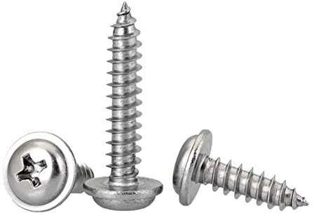 FandWay 100Pcs Self Tapping Screws 304 StainlessSteel,M5 Wood Screws Kit,Pan Head With Washer Self Drilling Screw,Wafer Head Sheet Metal Screw Phillips Drive for DIY Woodwork Repairs.