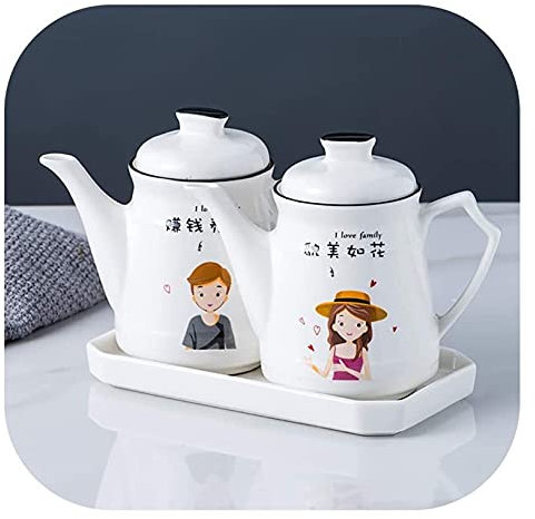 TONZN Botella de vinagre antifugas, Juego de dispensador de Mesa, Botella de condimentos de vinagrera de cerámica, Botella dispensadora de Salsa de Soja de vinagre Blanco con Bandeja