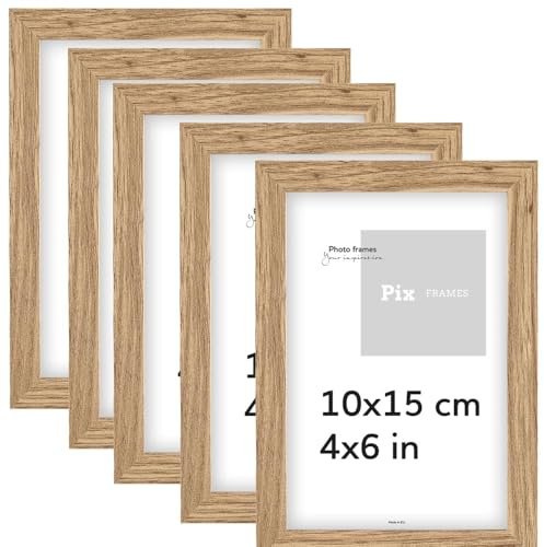 Pix FRAMES Bilderrahmen 10x15 cm - Set x5 - Holz Fotorahmen - Eiche | Holzbilderrahmen mit Plexiglas - Bilderrahmen Holz zum Aufhängen - Wooden Picture Frame - Photo Frame zum Aufstellen