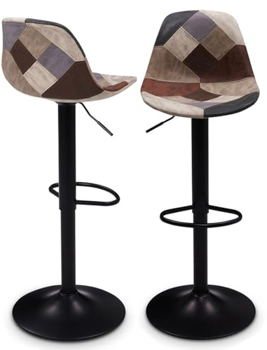 IDMarket - Juego de 2 taburetes de bar KARL patchwork en marrón, gris y beige con patas negras