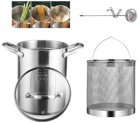 4.5L/5L/5.5L Deep Fryer Pot, 304 Stainless Steel Fryer with Oil Strainer Basket & Thermometer & Transparent Lid, Japanese Tempura Frying Pot Pasta Cooker for French Fries, Cooking Asparagus (4.5L)