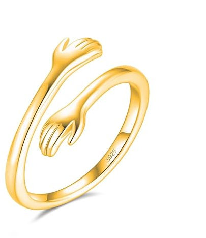 Umarmungsring in 925 Sterling Silber und Gold Verstellbar als Geschenk für Sie, Freundin, Freund, Muttertag und zur Verlobung Umarmung Ring mit Umarmende Hände (Gold, 50)