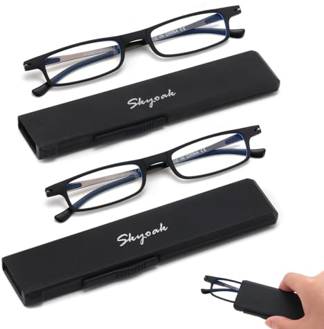 2 Pack Ultra Thin Lightweight Folding Reading Glasses Women Men TR90 Blue Light Blocking Anti UV/Eyestrain Foldable Compact Computer Readers Portable Unique Stretchable Slim Flat case Black +2.0