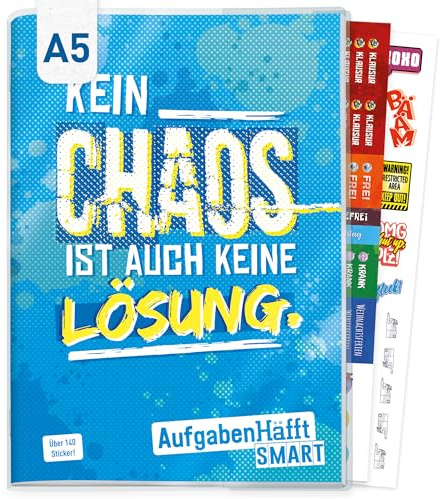 Häfft® Hausaufgabenheft A5 ohne Datum mit Umschlag + Stickern - der Clou: immer sichtbarer Stundenplan Chaos - nachhaltig & klimafreundlich