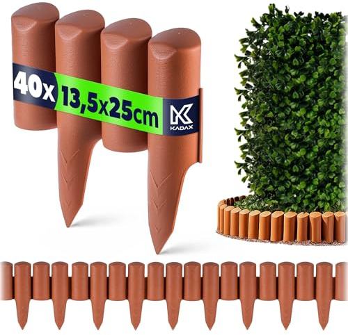 KADAX Trädgårdspalissad av plast, palisad för blommor, dekorativ gräsmatta, rabattkant med markspett, trästolpe typ, rabattkant (terrakotta – 10 m)