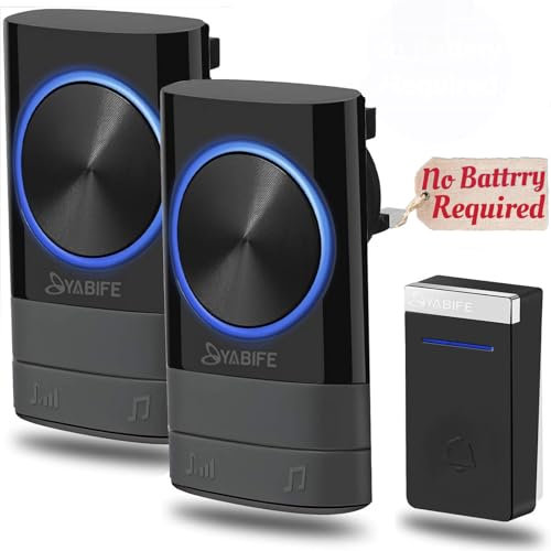 YABIFE Self-Powered Wireless Doorbell, Cordless Plug in Door Bells, IP44 Waterproof Door Chime Bell, 58 Ringtones, 0-110dB Loud 4 Levels Volume, 500-1003ft Range, No Battery Required Black