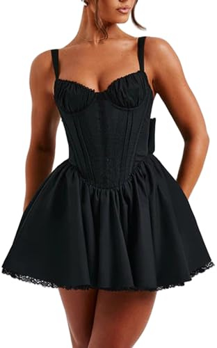 Damen-Sommerkleid, Rüschenkleid, Boho, Spaghettiträger, quadratischer Ausschnitt, Babydoll-Minikleid, fließendes Strandkleid, C-schwarz, Small