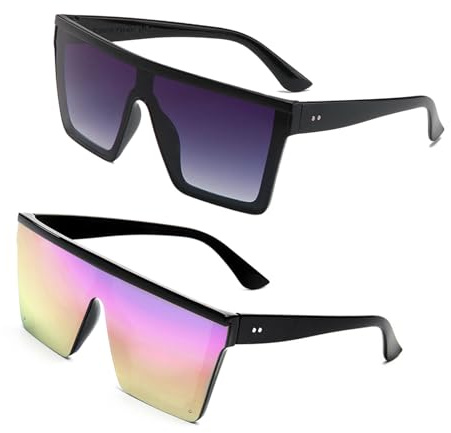 UILYNIU 2 Pack Flat Top Oversized Square Sunglasses, Steampunk, Rave, UV Protection, Unisex Adults, Retro, Trendy, General Use