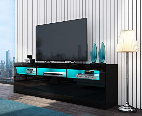 TV Units for Living Room, TV Stand Cabinet Black Matt Body and High Gloss Front 2 Doors 2 Drawers TV Storage Cabinet 160cm with RGB LED Light