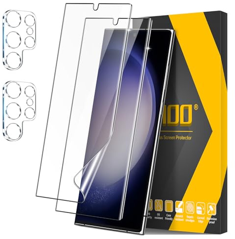 JEHOO Displayschutzfolie für Samsung Galaxy S23 Ultra, [2 + 2 Stück] Flexible TPU-Folie und Kamera-Objektivschutz, kompatibel mit Fingerabdruck-ID, einfache Installation, freundliches Zubehör