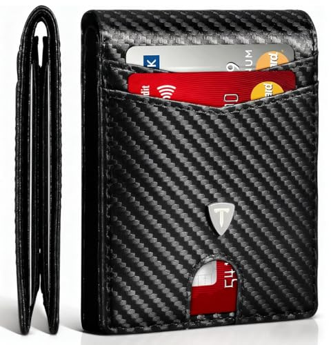 Tomylv Wallet RFID Blocking Carbon Fibre Leather Mens Wallets with 11 Credit Card Holder, 1 ID Window, 2 Banknote Compartments, Bi-Folded Wallets for Men UK with Gift Box - Black