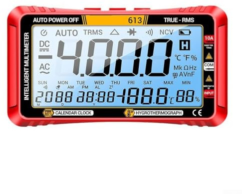 Digital Large Screen Multimeter with Built In Calendar Display, Temp/Humidity Sensor, and Alarm Clock for Quick Voltage Measurements (Red)