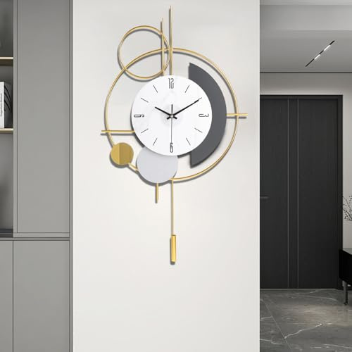 Gilacco Reloj de pared con péndulo, cuarzo de calidad silenciosa, funciona con pilas, reloj de pared grande para sala de estar, cocina, hogar, baño, dormitorio, decoración de pared, 39 x 67 cm (dorado