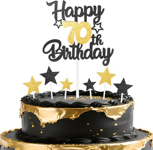 mciskin Black Gold 70th Birthday Decorations for Men,Black and Gold Party Decorations,Personalised Cake/Cupcake Toppers,Glitter Happy 70th Birthday Cake Toppers for Women Men Party Favor Supplies