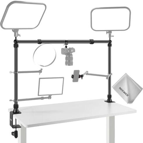 NEEWER Kamera Halterung, Overhead Tischstativ Mount mit Handyhalter/2 Kugelköpfen/Armen/Super Clamp/Reinigungstuch für Mic Webcam, Klemmstativ für mehrere Geräte, einstellbare Höhe Breite, Max 12kg