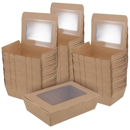 KEILEOHO 60 stycken kraftpapper lunchlåda med visningsfönster, 1 200 ml träfärg kraftkartong snackslådor, ta bort låda för mat