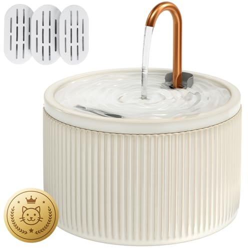 DOOOB Ceramic Cat Water Fountain, 2.1L/71oz Ceramic Cat Fountains, Automatic Pet Water Fountain for Cats, Pet Water Fountain with Ultra-Quiet Pump and 3 Filters & 3 Sponges (Beige)