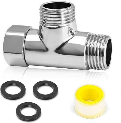 FLEXNOVA Raccordo a T da 1/2 pollici (diametro 20 mm), in ottone da 1/2 pollici, con 3 rondelle e nastro filettato, adattatore per tubo doccia per acqua potabile, rubinetto AGx AGx IG