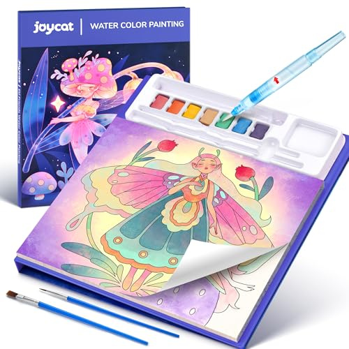 JoyCat Malbuch mit Wasserfarben, Elfenfreunde, Glyzinienblau | Malset mit Wasserfarben für Kinder von 3 bis 8 Jahren, kreativer Kunst- und Bastelspaß für Reisen und als Geburtstagsgeschenk