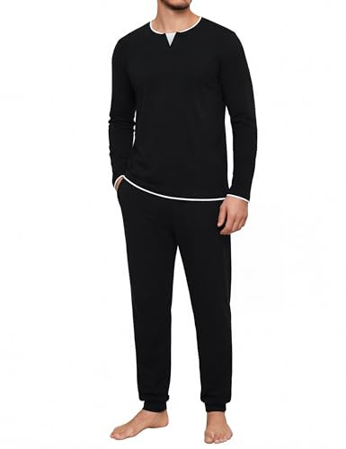 Jahetuul Pijama Hombre Invierno Algodón Manga Larga con Cuello Redondo Diseño de Escote con Efecto de Capas Conjunto de Dormir Color Liso Cómodo para Casa