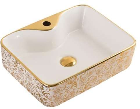 LXTEDJ Stile Europeo Bagno Lavatoio Ceramica, Oro Bianco, Lavabo da Appoggio, Mobile Lavatoio, Con Scarico a Scomparsa, Adatto Per Mobiletto del Bagno, Toletta-48X37X13CM-02