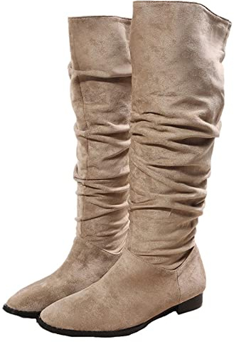 Générique Bottillons Femme Hautes Genoux plates daim Bottes pour femme Chaudes Souple rétro Cowboy Femmes Boot Casual Moderne Tige large Femelles Botte Couleur unie Elégantes Imperméables