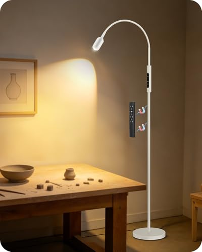 GOEBLESON Reading Floor Lamp, 74.2 Tall LED Lamp, with 360° Flexible Gooseneck & Touch & Remote Control, Ajustable Color & Beam, Crafts Standing Lamp, for Reading, Task Craft, Living, White WW16LD05