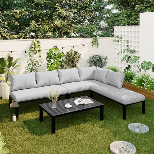 Merax Gartenmöbel-Set 6-Sitzer, Outdoor Loungesofa modular mit Abnehmbarer Rückenlehne, verstellbare Beine, Couchtisch aus verzinktem Eisen, Garten Essgruppe für Terrasse, Balkon, Poolbereich, grau