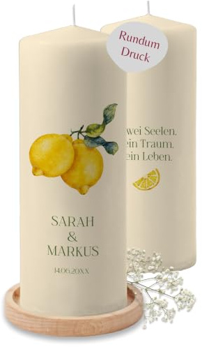 Kerze - Hochzeit - Zitronen mit Name, Datum und Text - personalisierte Hochzeitsgeschenke Deko - 230/78 mm - Elfenbein