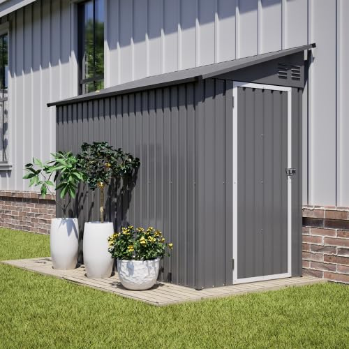 Geräteschuppen Metall 121x242 cm, Anbau-Gartenhaus mit Schrägdach, abschließbarer Tür & 2 Belüftungen, ohne Boden, wetterfester Gartenschrank für Hinterhof & Terrasse – Grau