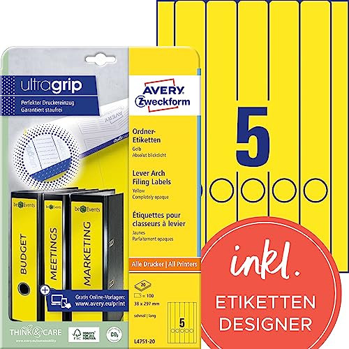 AVERY Zweckform L4751-20 Ordnerrücken Etiketten (100 Rückenschilder mit ultragrip, 38x297mm auf A4, schmal/lang, selbstklebend, absolut blickdicht, bedruckbare Ordneretiketten) 20 Blatt, gelb